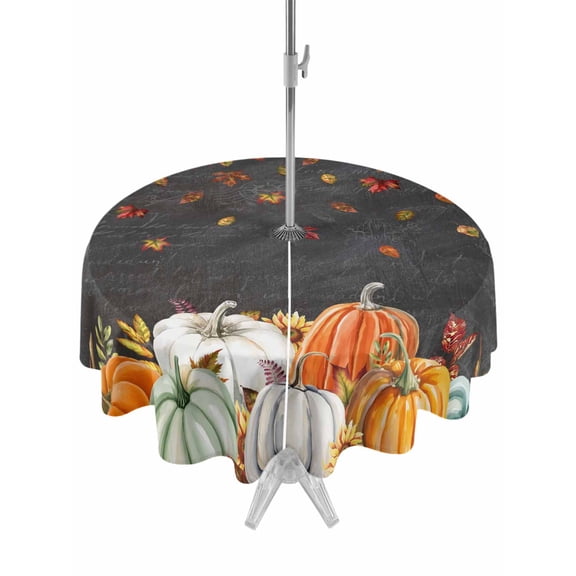 Outdoor Tablecloth with Umbrella Hole and Zipper, Orange Pumpkins Fall Round Table Cloth 54 Inch Waterproof Tablecloth, Thanksgiving Botanical Sunflower Leaves Picnic Table Cover for Patio Camping