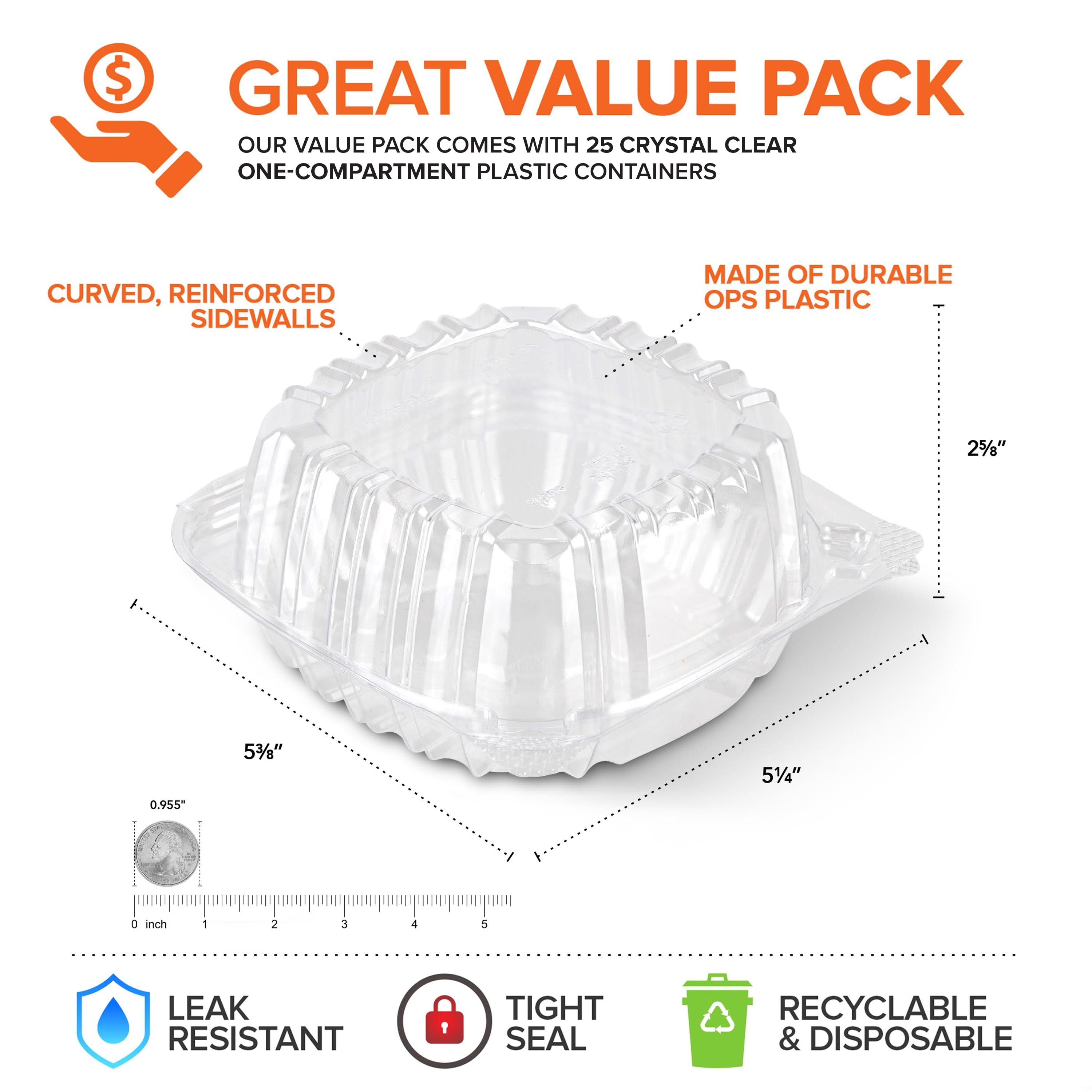 Disposable Plastic To Go Containers with Clear Lids (25 Pack) Fancy Hinged Top Square Clamshell Food Boxes for Take Out, Home Party Togo Clam Shell Box to Carry Cake, Dessert, Small Sandwich