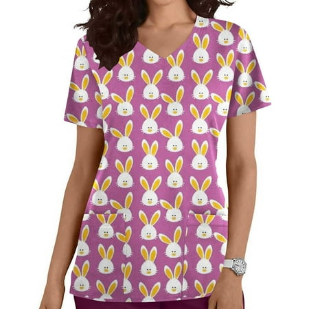 

Womens Easter Nursing Scrub Tops Summer Clearance Women s Casual T-Shirt Short Sleeve V-neck Tops Working Uniform Easter Print With Pocket Workwear Blouse