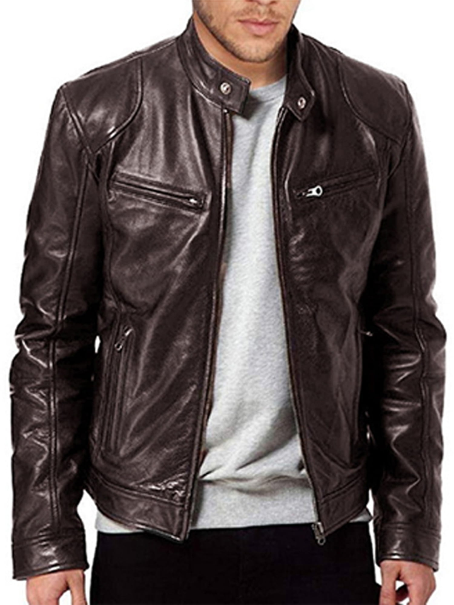 Mens Biker Faux Leather Jacket Outdoor Lapel Zipper Motorcycle Slim Fit Casual L