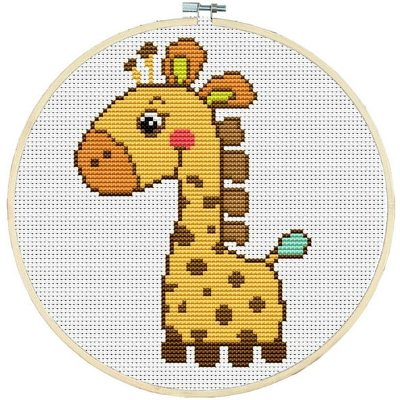 Counted Easy Cross Stitch Kits Cartoon Giraffe Color Stamped Embroidery for Starter Kits DIY 11CT Stamped Patterns Embroidery Needlework Kit Supplies 10 Inch Hoop Complete Included