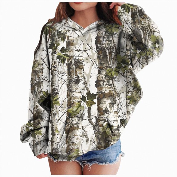 BOBOGOJP Light Camo Hoodies for Teen Girls Cute Sweatshirt Maple Leaf Print Oversized Fleece Sweatshirts Pullover Tops with Pocket (Gold, 9-10 Years)