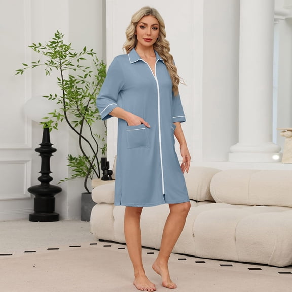 BOMYJESK Women Zipper Robe 3/4 Sleeve Bathrobe Knee Length Housecoats Lightweight Soft Nightgown with Pockets Blue S