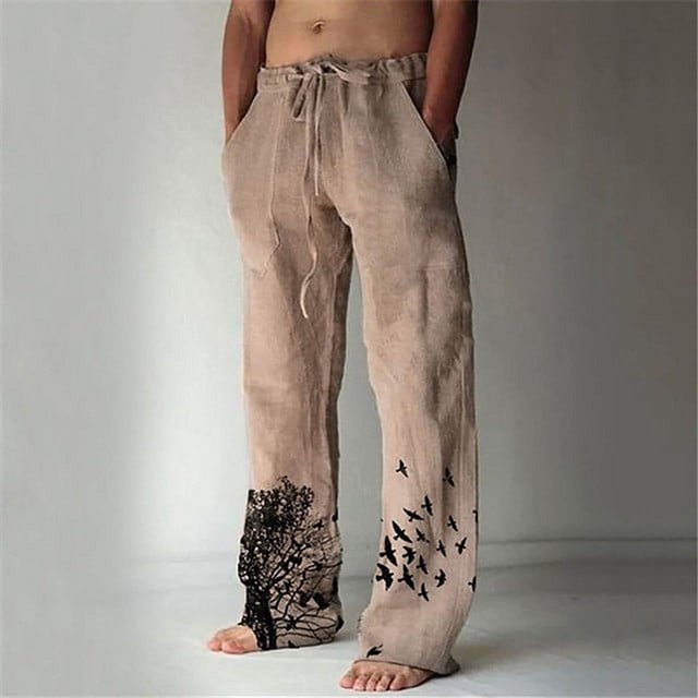CHUANK Men‘S Cotton Linen Trousers Daily Casual Loose Solid Color Trousers Drawstring Elastic Waist Retro Print Solid Color Trousers