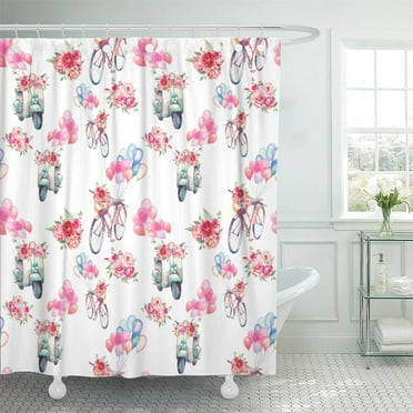 Libin Watercolor Party Seamless Pattern Scooter and Bicycle Bouquet of Shower Curtain 60x72 inch