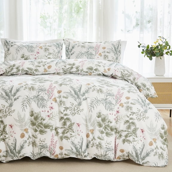 100% Cotton Comforter Green Floral Bedding Set Reversible Botanical Comforter Set 3 Pcs Cottagecore Aesthetic Soft Bedding Sets for All Season