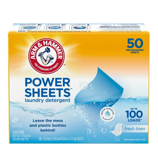 Arm & Hammer Power Sheet Laundry Detergent, Detergente De Ropa En Hojas, Aroma Fresco, Lava Sin Usar Plástico, 50 hojas