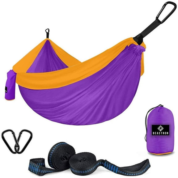 UpgradedBeastron Portable Single & Double Nylon Hammock with Two Tree Straps(Each 18 1 Loops) for Backpacking, Hiking, Travel, Beach and Yard