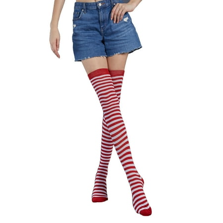 

1111Fourone Pack of 2 Striped Plus Size Thigh High Socks Breathability Unique Flexible Fad Appearance Non Slip Hose Sock Boots Stockings red white