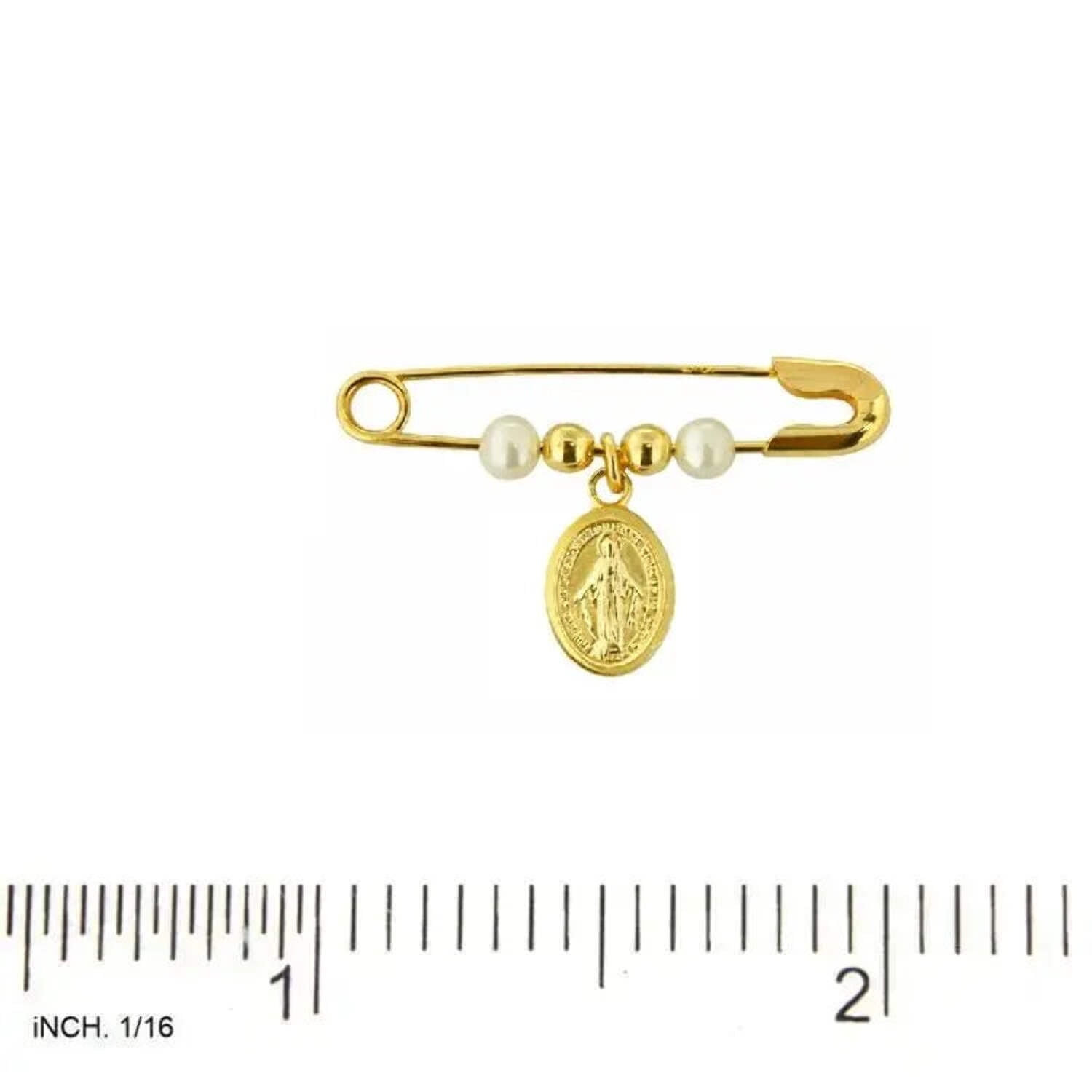 18k Solid Yellow Gold Miraculous Medal and Pearls Safety Pin