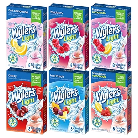 Wylers Light Singles To Go Drink Mix, Variety 6 Pack, Pink Lemonade, Strawberry Lemonade, Fruit Punch, Cherry, Raspberry, And Raspberry Lemonade (48 Drink Sticks Total)
