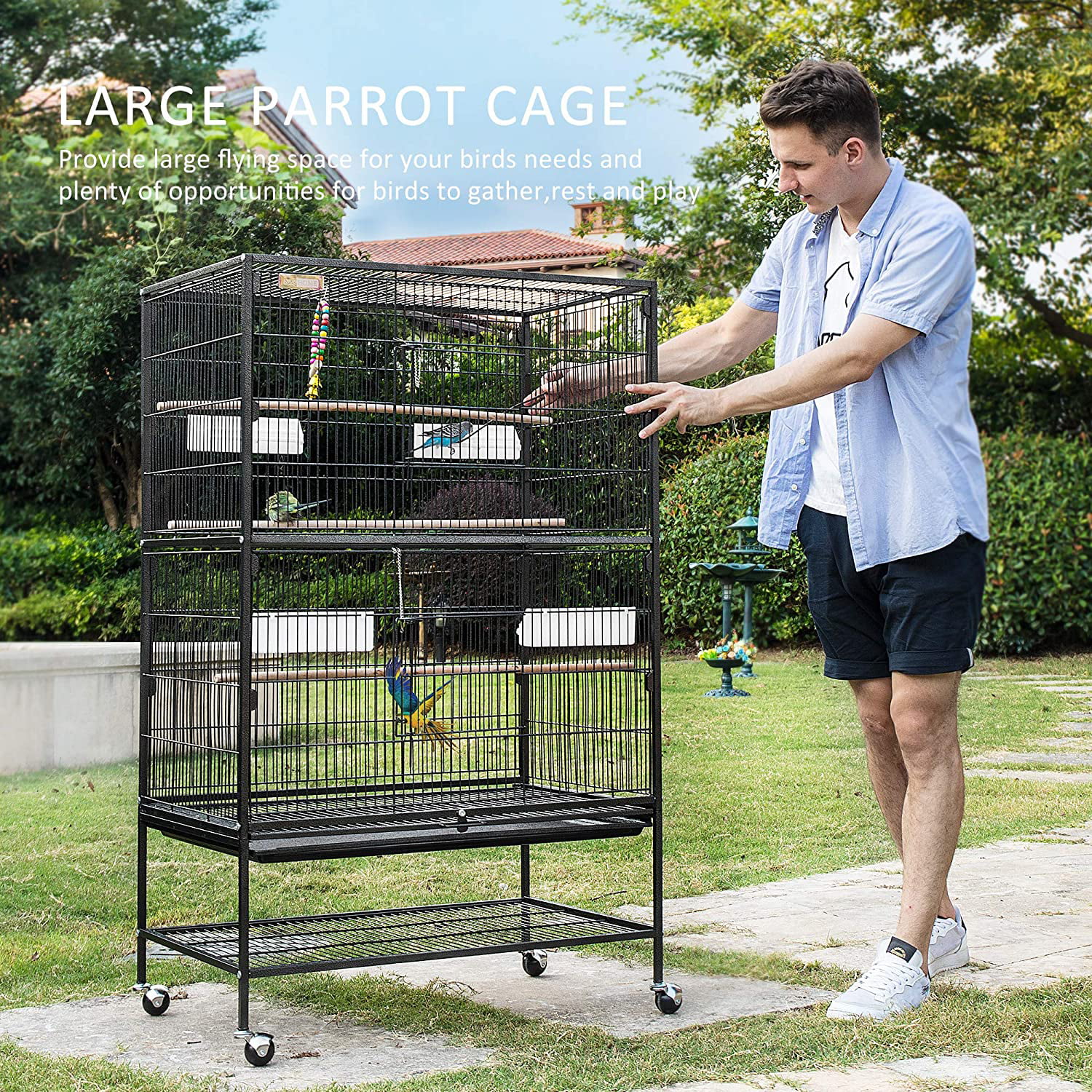 Lovebird Large Wrought Iron Parrot Cage for Cockatiel AngelLike 53-inch Bird Cage with Rolling Stand & Storage Shelf Pet House with Bottom Tray Wire Conure Parakeets 
