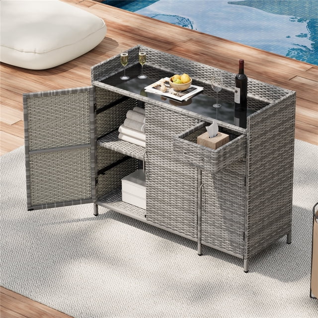 47.5"W Wicker Outdoor Storage Cabinet with Tempered Glass Desktop, Weather-proof Rattan Bar Table with Three Doors, Adjustable Shelf, and One Drawer, for Outdoor Cushions, Pool Toys,Grey