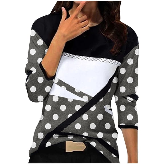 Geometric Round Neck Shirt Womens Fashion Polka Dot Printed Long Sleeve Tunic Tops Casual Soft Comfort Pullover