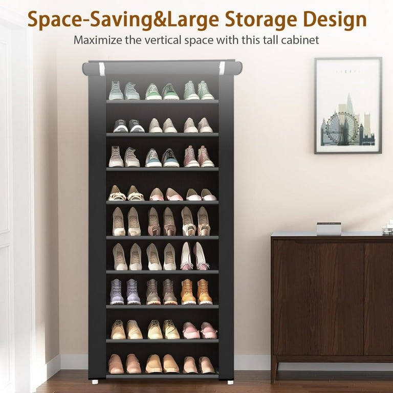 BAOKALER Portable Shoe Rack 10 Tier 27 Paris Shoe Storage Cabinet with Cover Non Woven Fabric Shoe Storage Organizer 62.99 23.62 15.7 inch Black