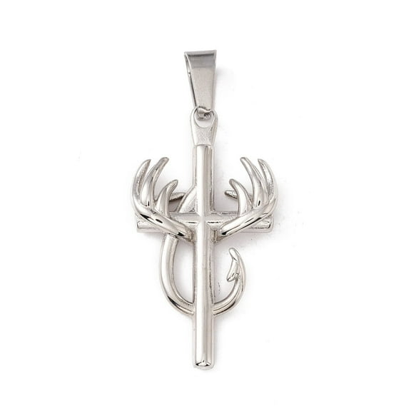 Non-Tarnish 304 Stainless Steel Pendant Cross with Antler Stainless Steel color 42x23x6mm Hole: 8x4mm