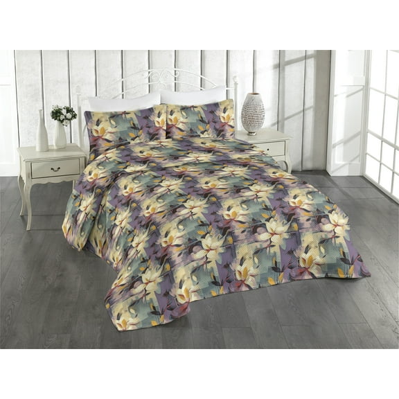 Ambesonne Vintage Floral Quilted Bedspread Set 3 Pcs, Art Nouveau Flower, King, Pale Eggplant Grey Teal