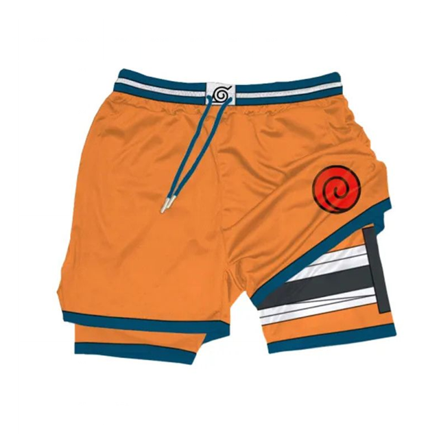 Pantalones cortos de compresión de Anime para hombre, ropa deportiva para gimnasio, 2 en 1, doble capa, entrenamiento, Fitness, rendimiento