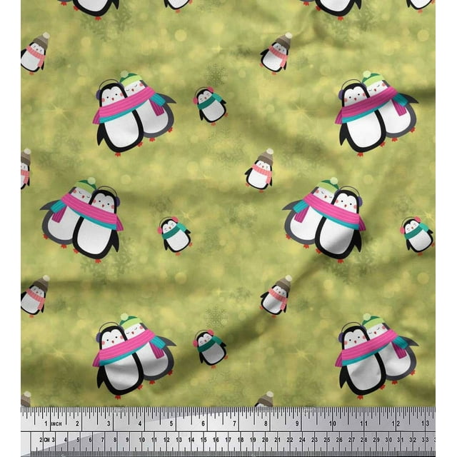 Soimoi Poly Georgette Fabric Snowman & Penguin Kids Printed Craft Fabric by the Yard 52 Inch Wide