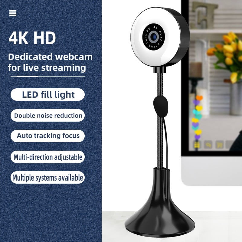 4K Webcam with LED Fill Light, HD Live Web Camera for Video Chat Conference Online Learning