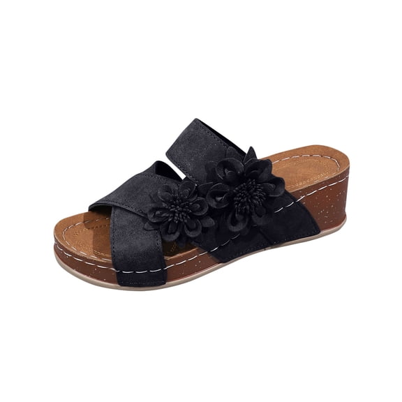 Xfvqtps Wedge Sandals for Women Flatform Cross Straps Flower Decor Peep Toe Summer High Heel Sandals Black