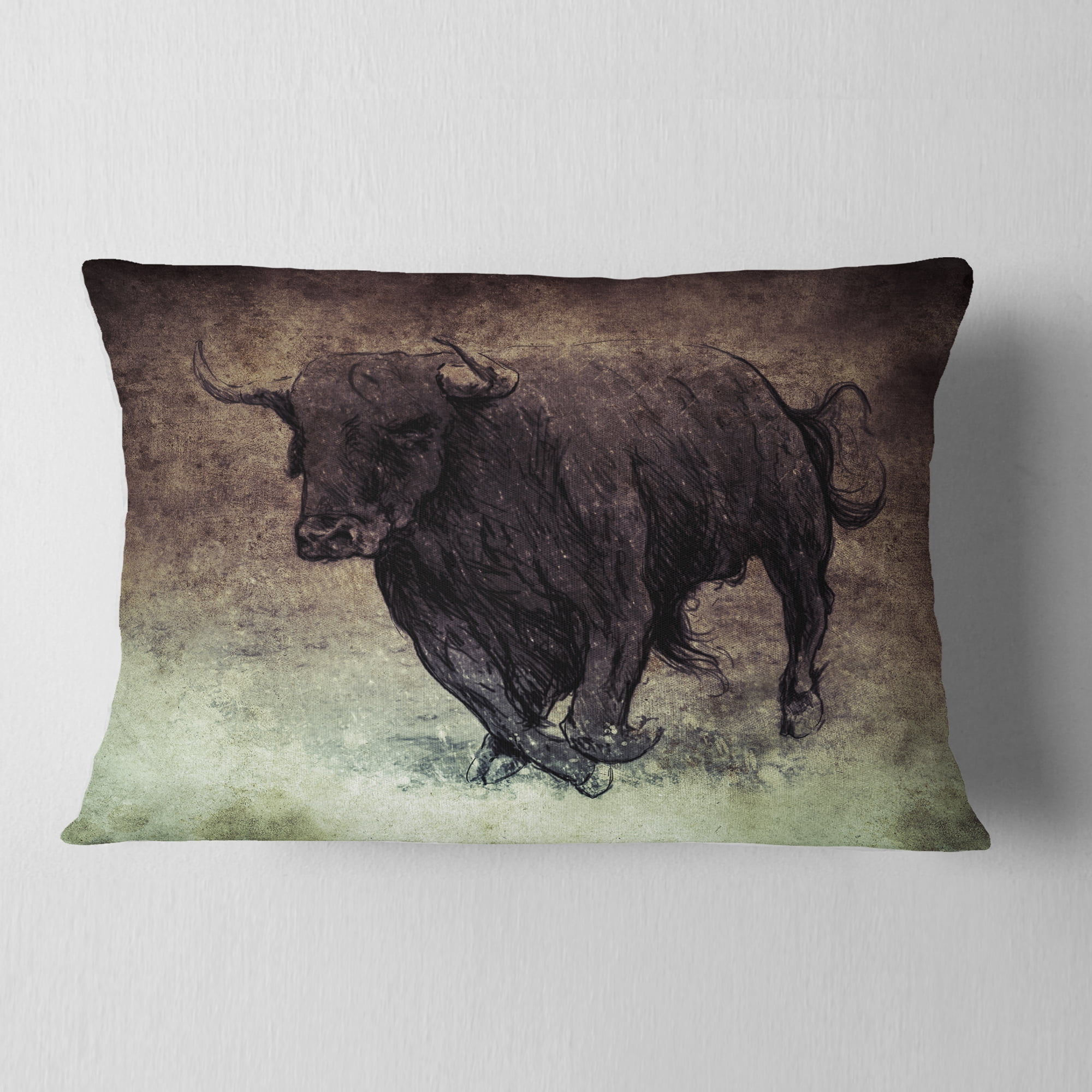 Designart Bull Running on Vintage Paper - Animal Throw Pillow - 12x20