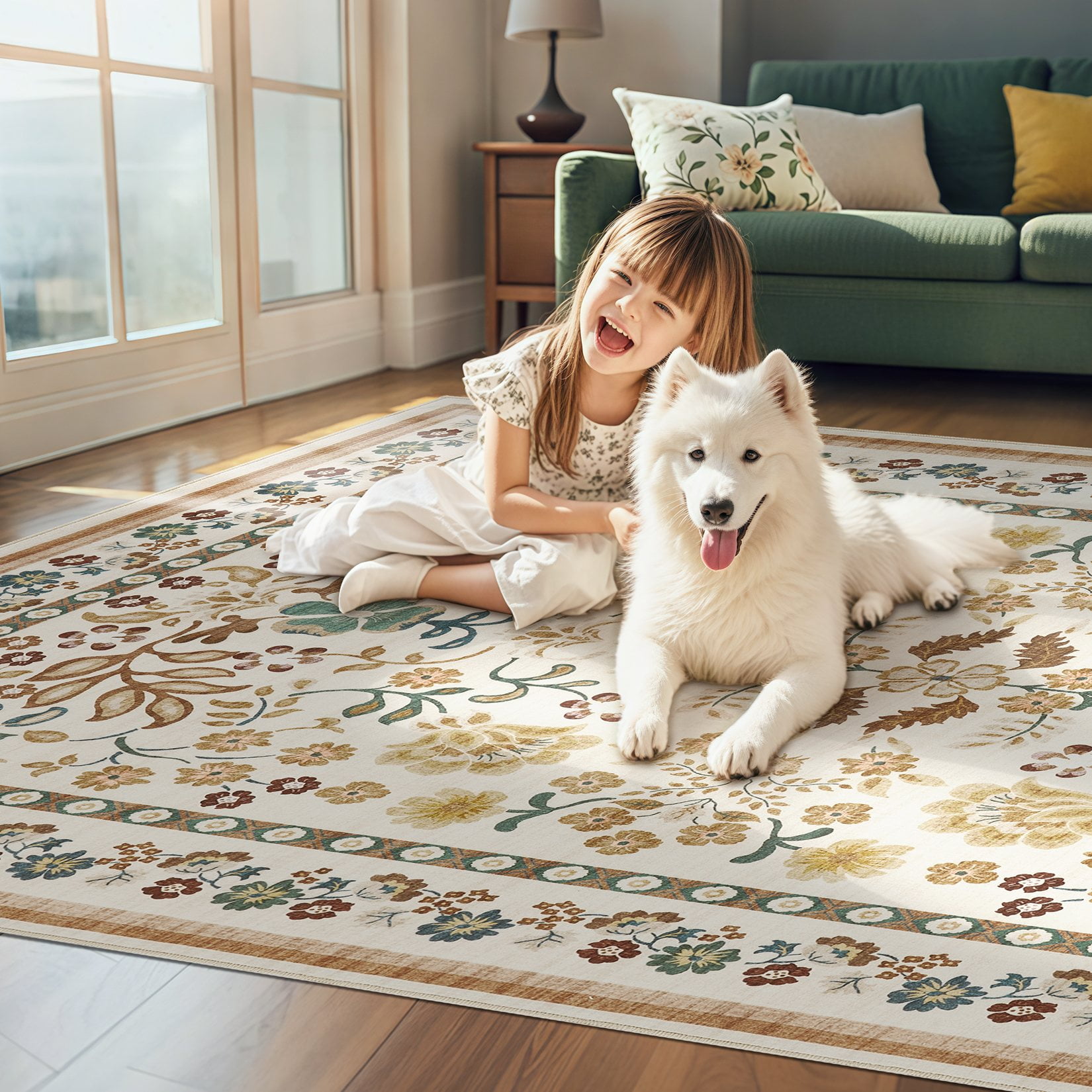 Toyoso 8x10 Area Rug Living Room Rugs - Washable Vintage Floral Soft Thin Large Rug Indoor Floor No Slip Rug Carpet for Bedroom Under Dining Table Home Office Decor - Brown Green