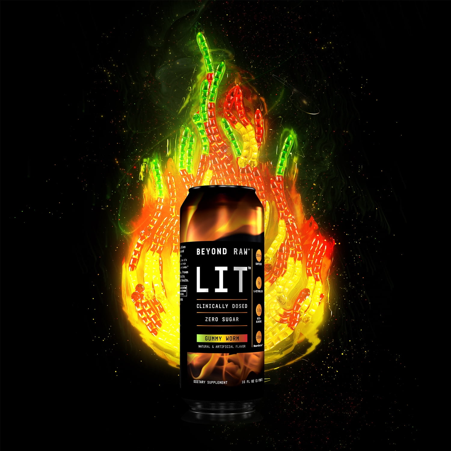 Beyond Raw Lit Pre-Workout Supplement, Gummy Worm, 250mg Caffeine, 4 Pack, 16 fl oz Can