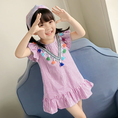 

Juebong Baby Kids Essentials Toddler Baby Girls Fly Sleeve Tassels Ruffle Stripe Print Princess Dress Outfits
