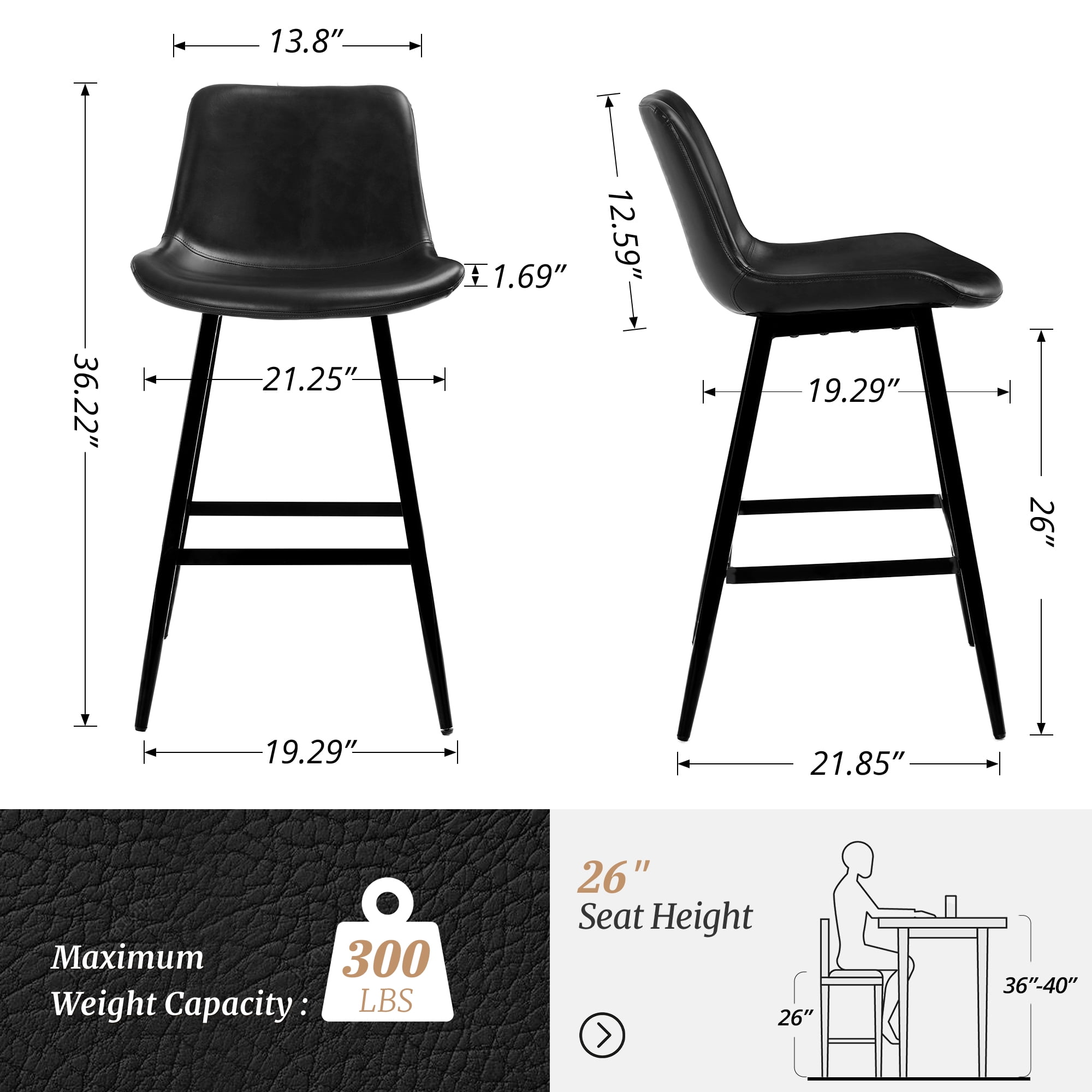 Dycanpo Modern Faux Leather 26 Inch,Counter Height Bar Stools Set of 4,for Home Kitchen, Black