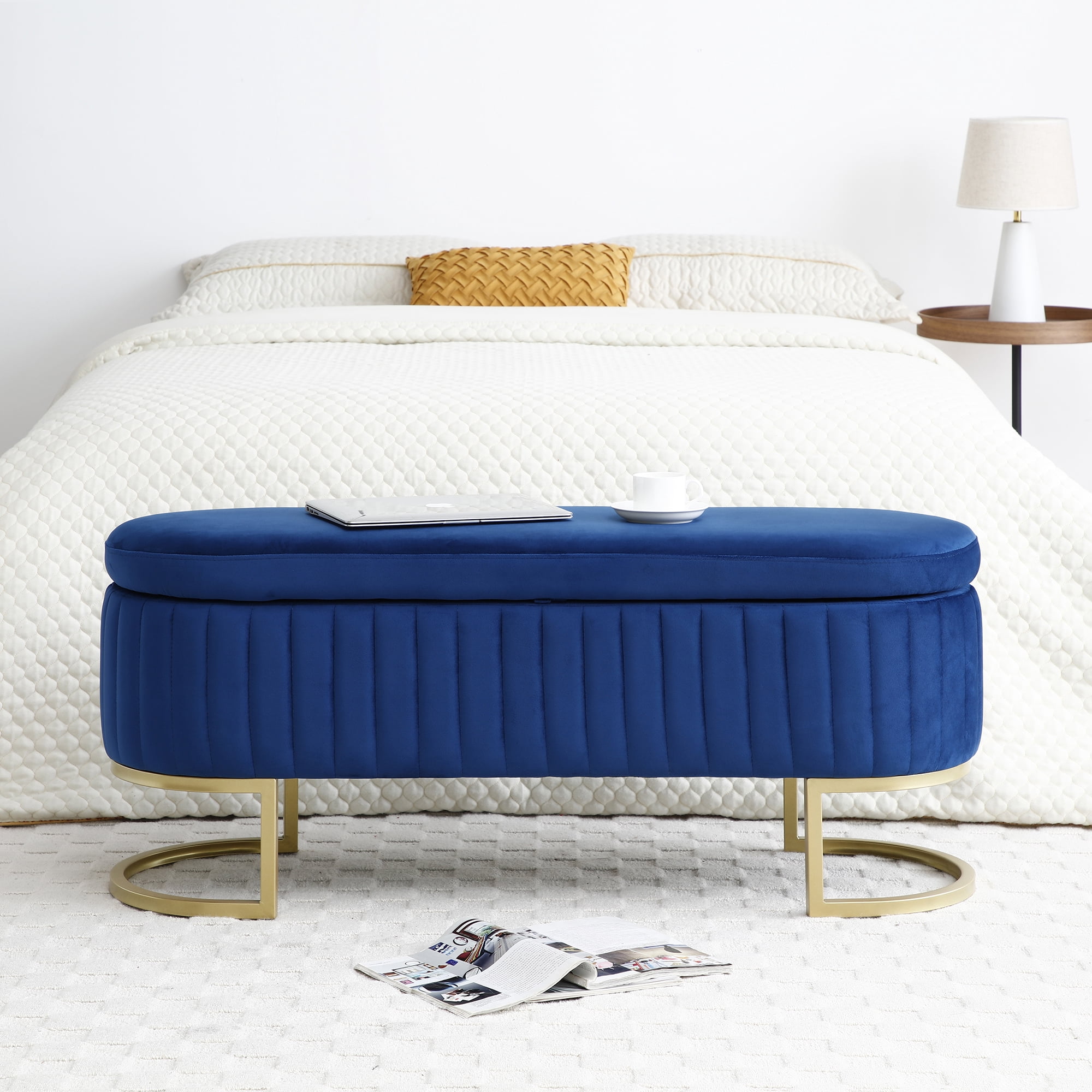 Miniyam Storage Bench Bedroom Bench, Velvet Oval Upholstered End of Bed Bench with Golden Metal Legs,Modern Storage Ottoman Bench,Blue