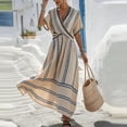 thumbnail image 6 of YUGYXL Women Striped Short Sleeve V Neck Midi Dress Retro Patchwork A-Line Casual Wrap Waist Dresses Beach Going Out Outfits Beige XL, 6 of 6