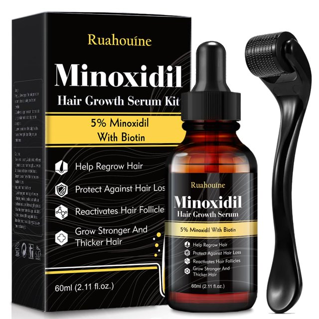 aceite para la regeneración del cabello ruahouine 5% minoxidil para hombres y mujeres envase de 60 ml (2.11 fl. oz.) con cuentagotas y caja negra, vista frontal centrada que muestra etiqueta ámbar 'Minoxidil Hair Growth Serum 5% Minoxidil With Biotin', incluye rodillo para masaje capilar a la derecha; suero tópico que promueve el crecimiento y estimula folículos, a menudo usado para masaje del cuero cabelludo.