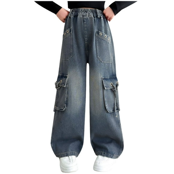 Yammkia Girls Cargo Pants Kids Girls Baggy Jeans Print Casual Wide Leg Loose fit Denim Pants Size 5T 6T (Blue,5-6 Years)