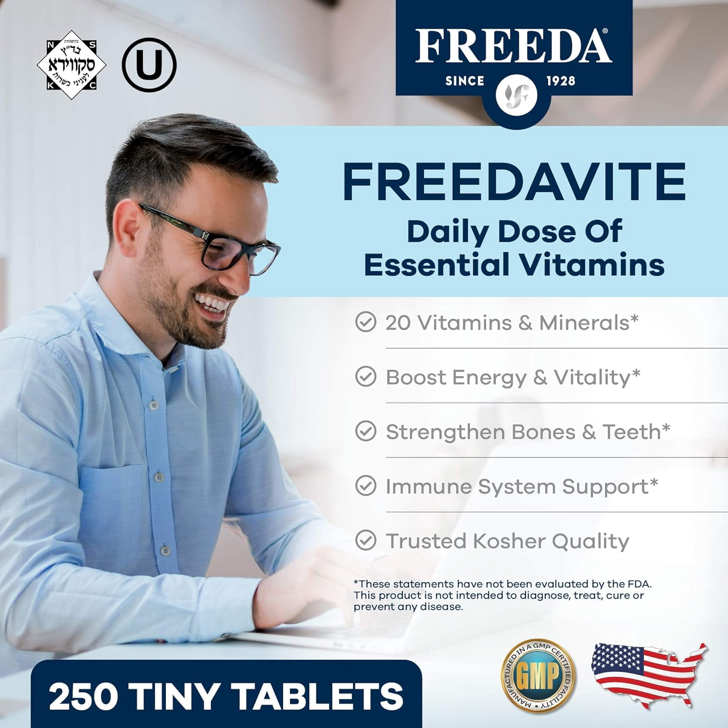 Freeda Multivitamin for Women and Men with Vitamin B1, B2, B6, B12, Folic Acid, and More, 250 Tablets