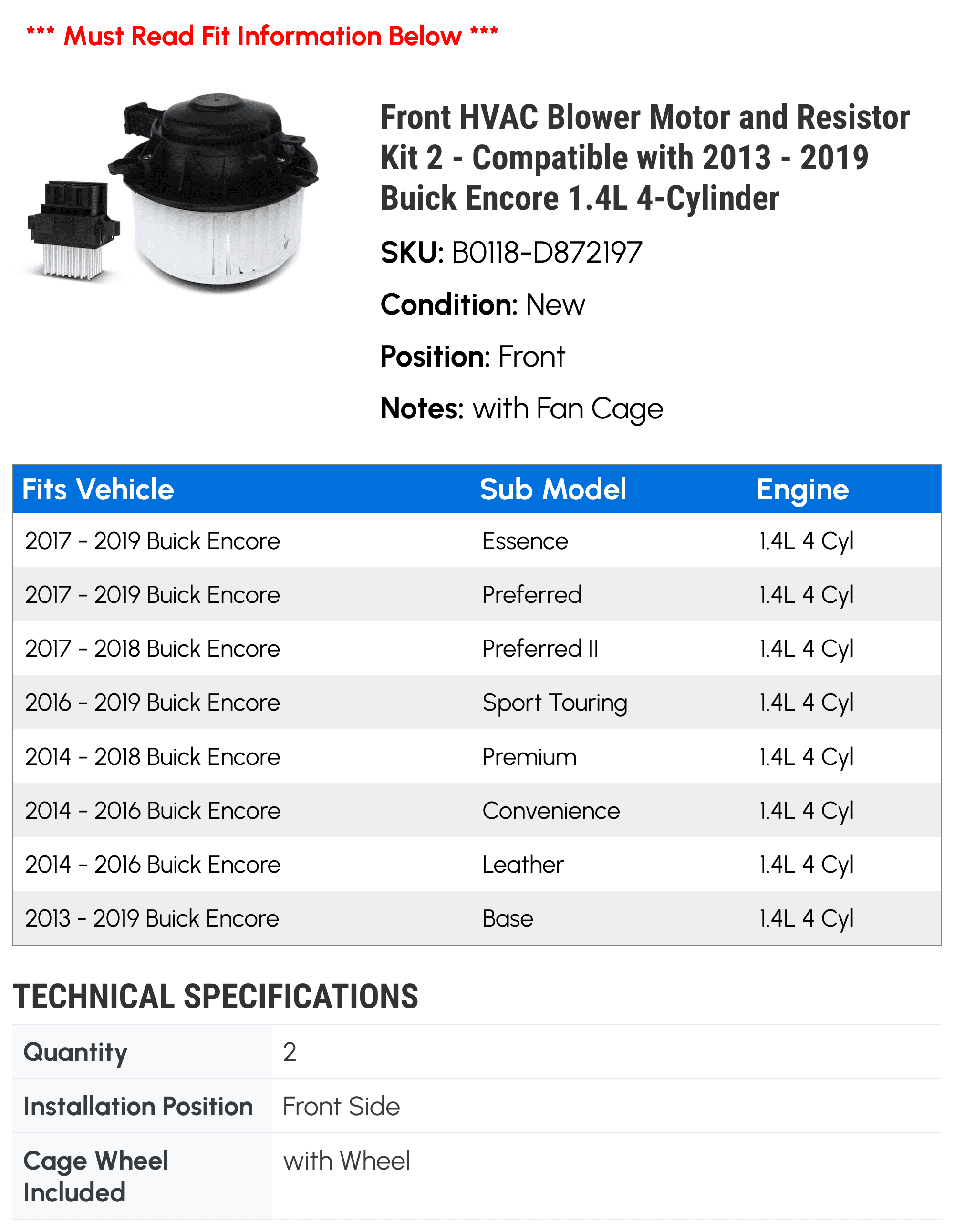 Front HVAC Blower Motor and Resistor Kit 2 - Compatible with 2013 - 2019 Buick Encore 1.4L 4-Cylinder - Autopart Premium