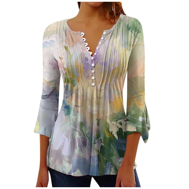 Camisetas de Cuello en V Mujeres, Impreso 3/4 Manga Blusa Casual Hecha de Cómodo Estante de Imitación para Toda la Temporada de Uso Diario, Camisetas Casuales de Mujer