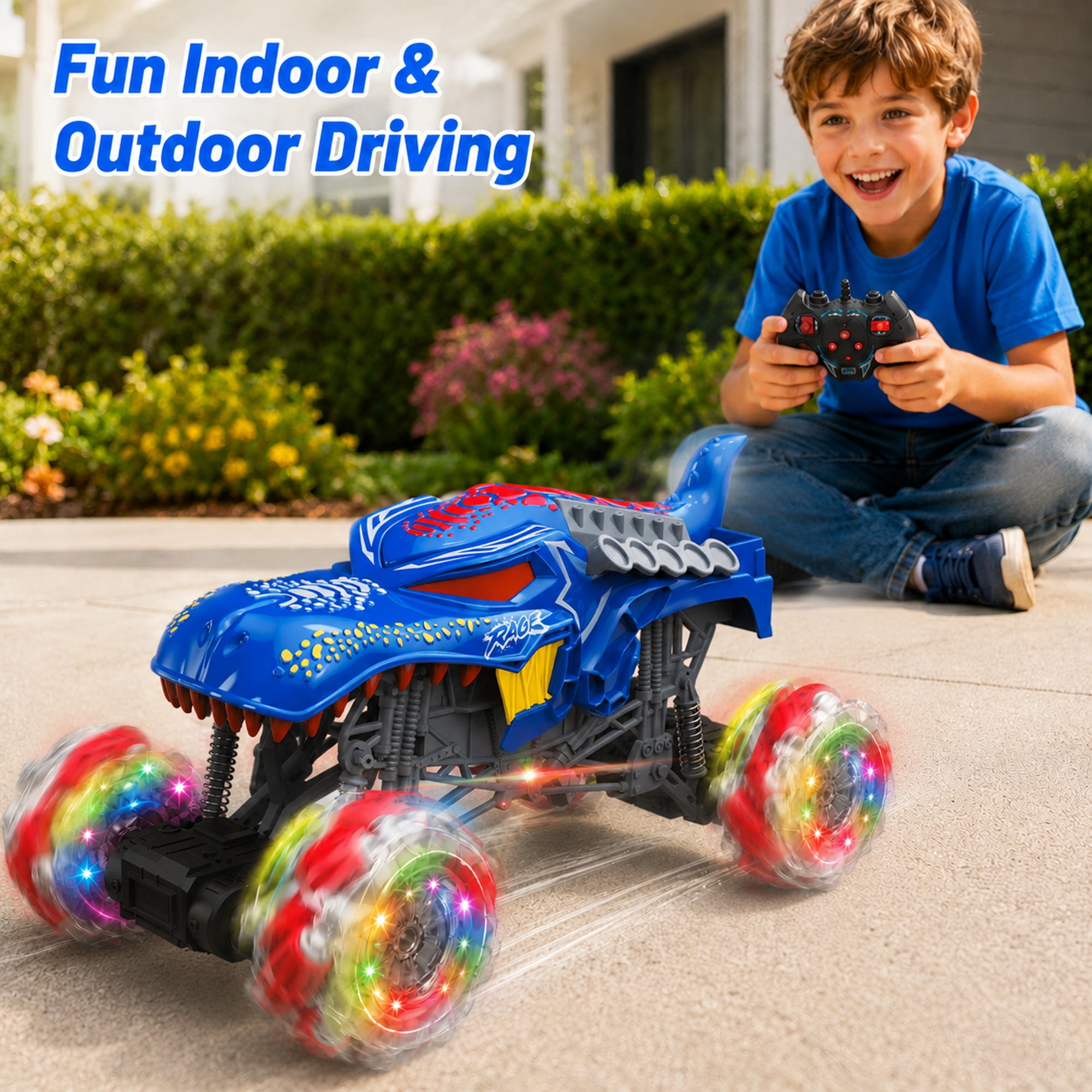 Remote Control Stunt Car for Kids, 1:16 4WD RC Monster Truck with 360° Spin, Sideways Drift, Omnidirectional Wheels, Blue