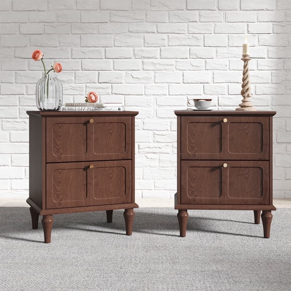 HLR 20" Mid Century Nightstands Set of 2 with Drawers, Wood Brown Bedside Table End Table for Bedroom