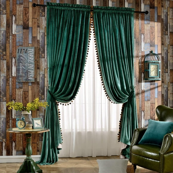 Melodieux Luxury Pom Poms Velvet Curtains for Bedroom Living Room, Vintage Room Darkening Rod Pocket Window Decorative Drapes, 52"" W x 84"" L, Antique Green (2 Panels)