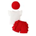 thumbnail image 6 of BemeyourBBs Toddler Baby Girl Summer Fall Spring Clothes Infant Baby Girls 2 Peice Outfit Shorts Set Cute Vintage Little Girls Short Sleeve Pearl 3D Bowknot T-Shirt Ruffle Shorts Beret Hat, 6 of 8