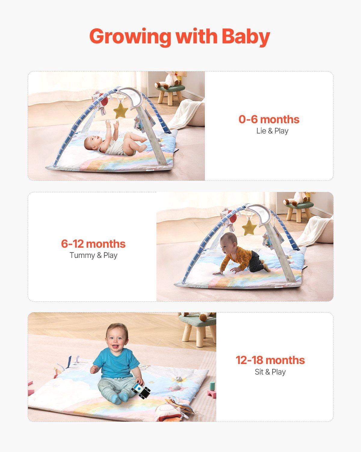 Baby Play Gym Mat with 6 Sensory Toys and Light Up Musical Rocket Toy for Newborn Infant 0 to 18 Months Motor Skill Development Essential Gift