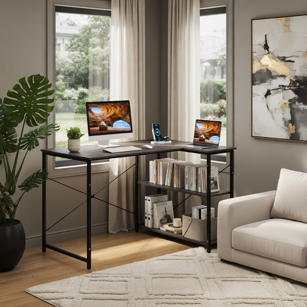 Demi Bonn 48" Reversible L Shaped Computer Desk with Adjustable Shelf, Small Home Office Desk Study Writing Table, Gray