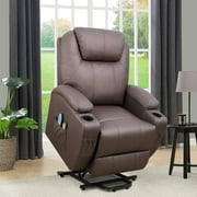 Flamaker Power Lift Recliner Chair PU Leather for Elderly with Massage and Heating Ergonomic Lounge Chair for Living Room Classic Single Sofa with 2 Cup Holders Side Pockets Home Theater Seat (Brown)