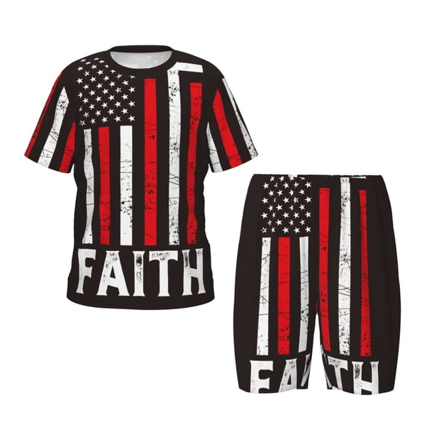 Fotbe USA Flag Cross Pijama Estampada de 2 Piezas para Niños – Ropa de Dormir de Manga Corta Cómoda para Niños y Niñas, Camiseta y Shorts de Algodón-X-Large