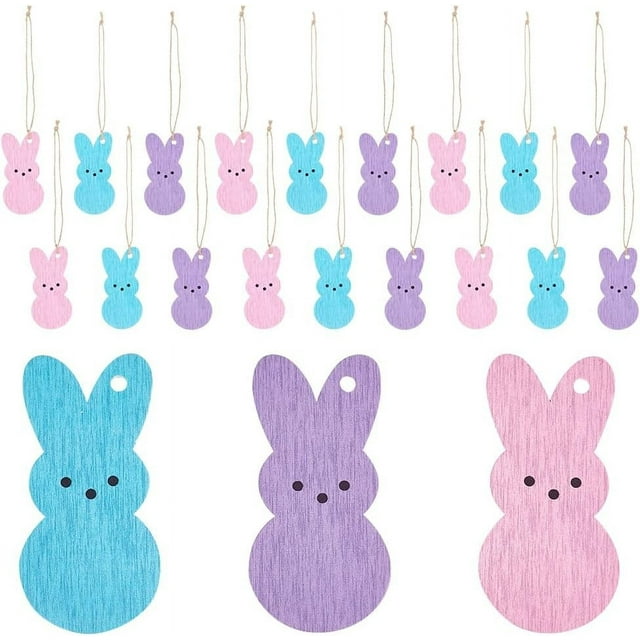 3 juegos/30 piezas de adornos de madera de Pascua, conejitos de Pascua colgantes de madera, adornos de madera para árbol, decoraciones de conejos, recortes de conejos de 3,5 x 1,6 pulgadas, colgantes.