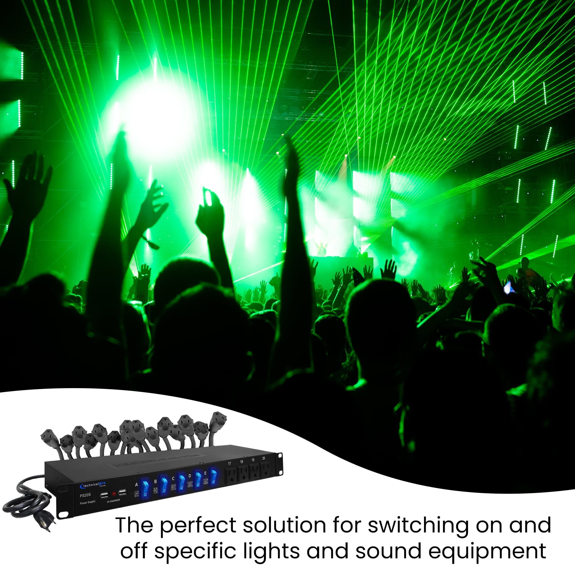 Power Strip Surge Protector, 19-Inch Rack Mount,  20 Outlets – 16 Rear 120V 3-Prong Sockets, 4 Front AC Outlets, 3 USB Ports, 5V Charging, Ideal for Home, Office & Server Rack by Technical Pro
