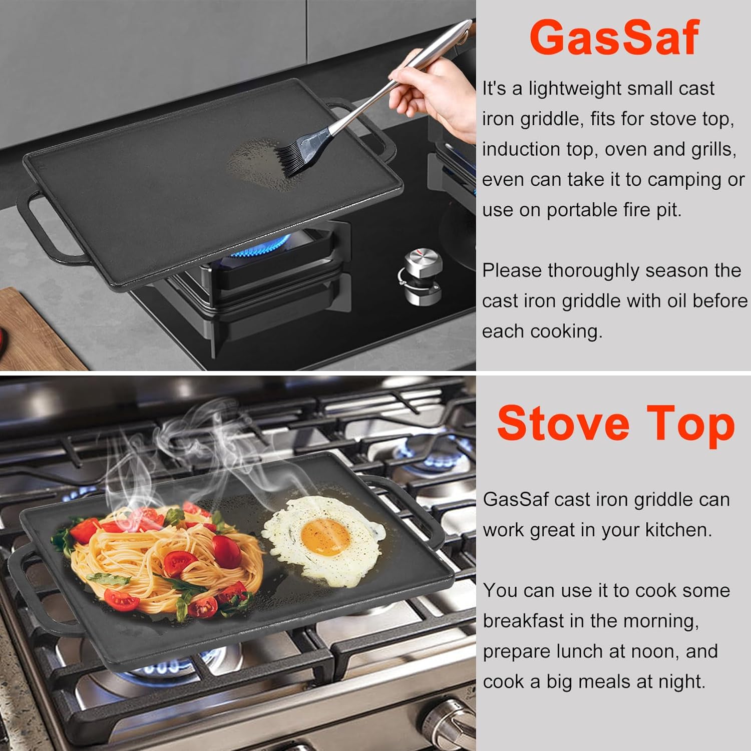 Small Cast Iron Griddle 13x8.25 for Double Burner Stove Top, Reversible Cooking Pan for Gas Grill, Camping & Outdoor Use