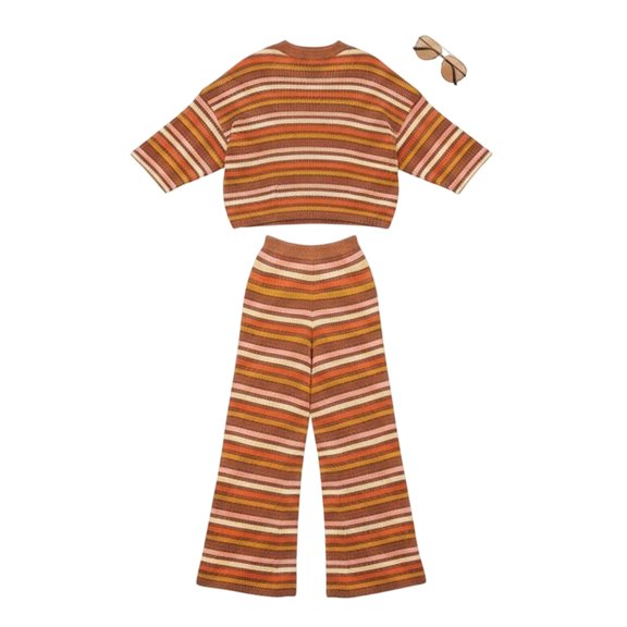 JIAYUE Women Striped Knit Outfit Crew Neck Long Sleeve Cropped Top Wide Leg Pants 2 Piece Set for Daily Walking Shopping