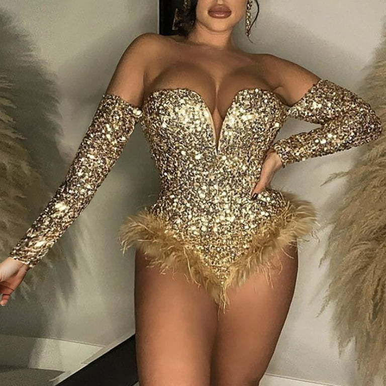 Prolriy Mardi Gras Outfit for Women Women s Zipper Offshoulder Sequin Velvet Long Sleeve Bodysuit Sexy Body Suit Tops Jumpsuits for Women Womens